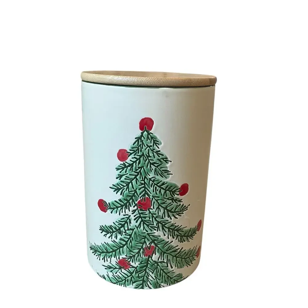ELI & ANA Erma Christmas Tree Ceramic Canister Cookie Jar w/ Wood Lid 7.5in NEW
